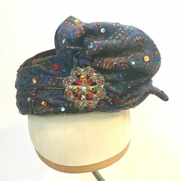 Paisley, Velvet & Rhinestone Turban Style Pillbox… - image 1