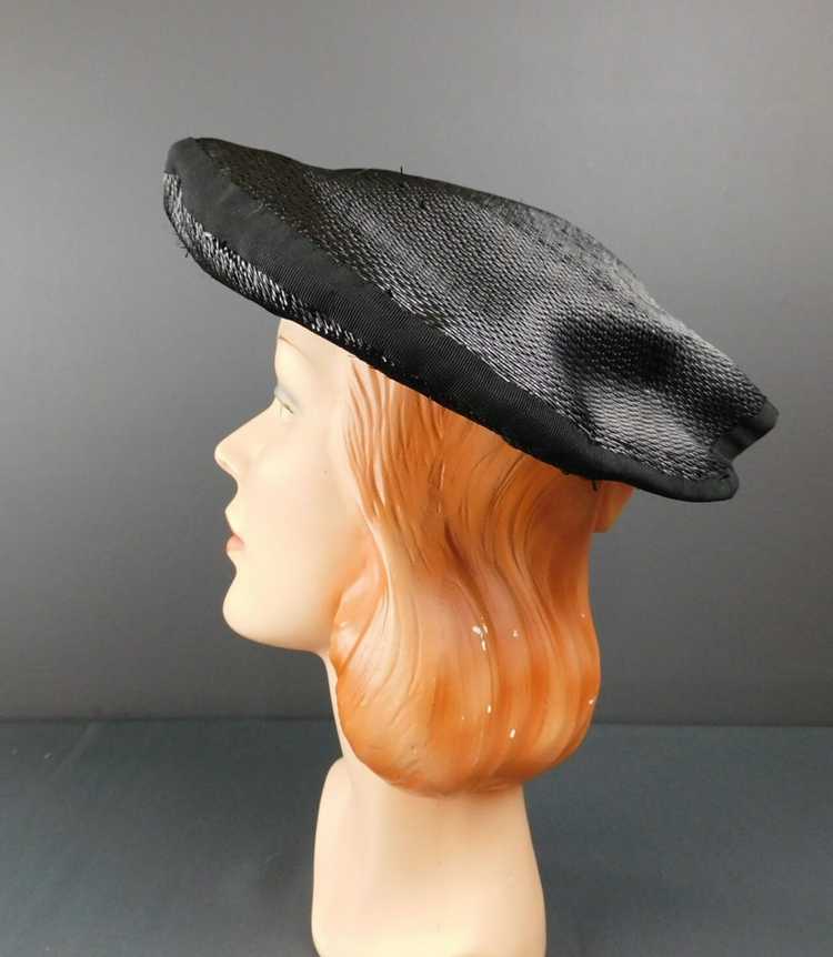 Vintage Black Straw Pancake Hat 1950s, 14 inches … - image 7