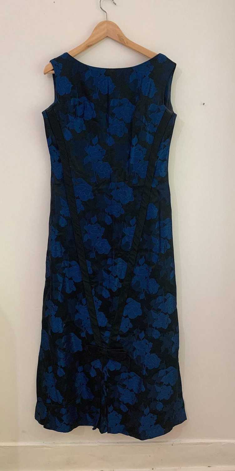 Vintage 1960s Blue Black Brocade Floral Column Dr… - image 1