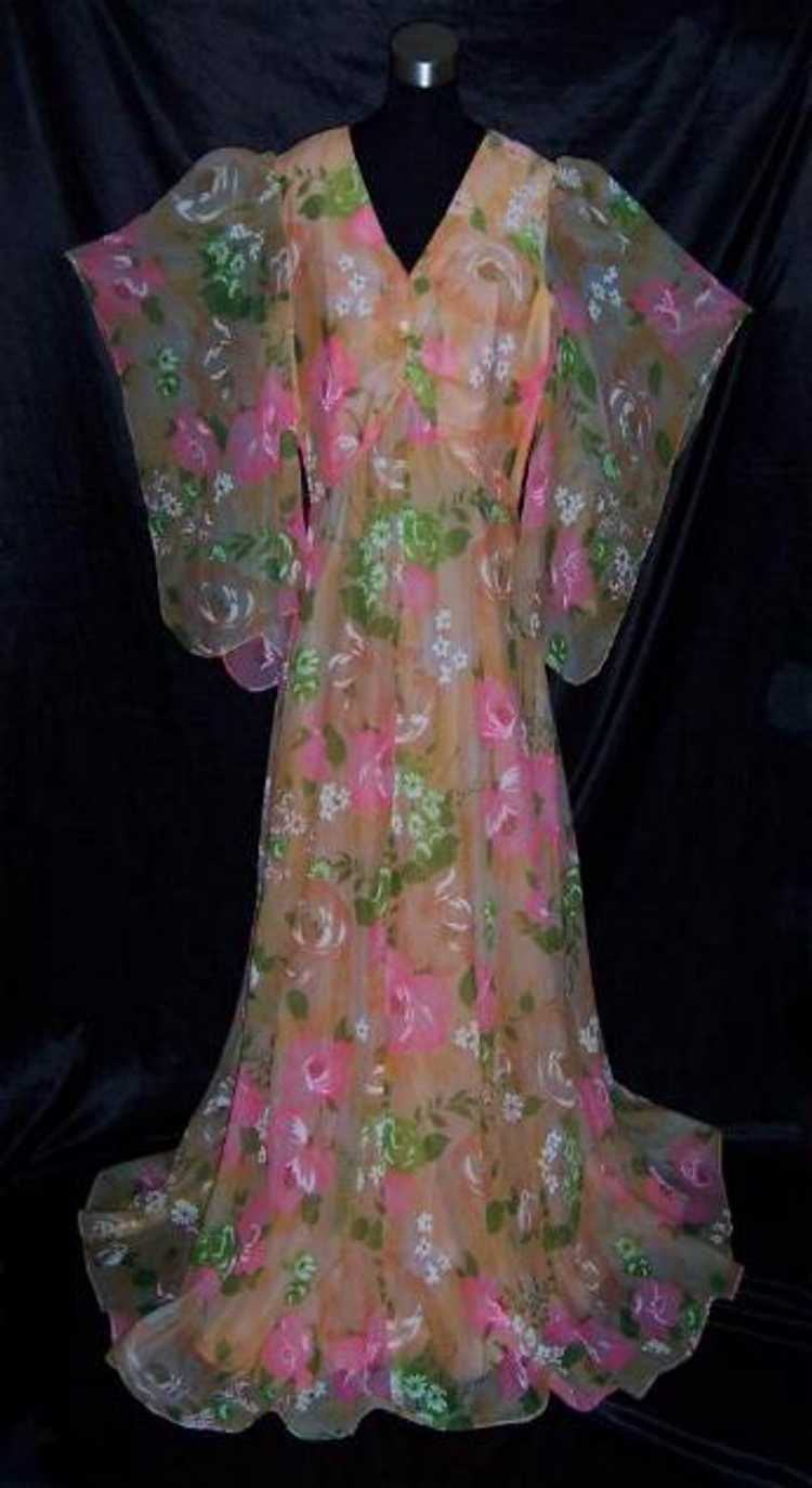 Vintage Sheer Overlay FLORAL Hostess Gown / Dress… - image 4