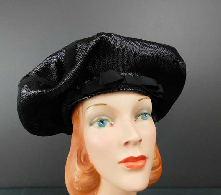 Vintage Black Straw Pancake Hat 1950s, 14 inches … - image 3