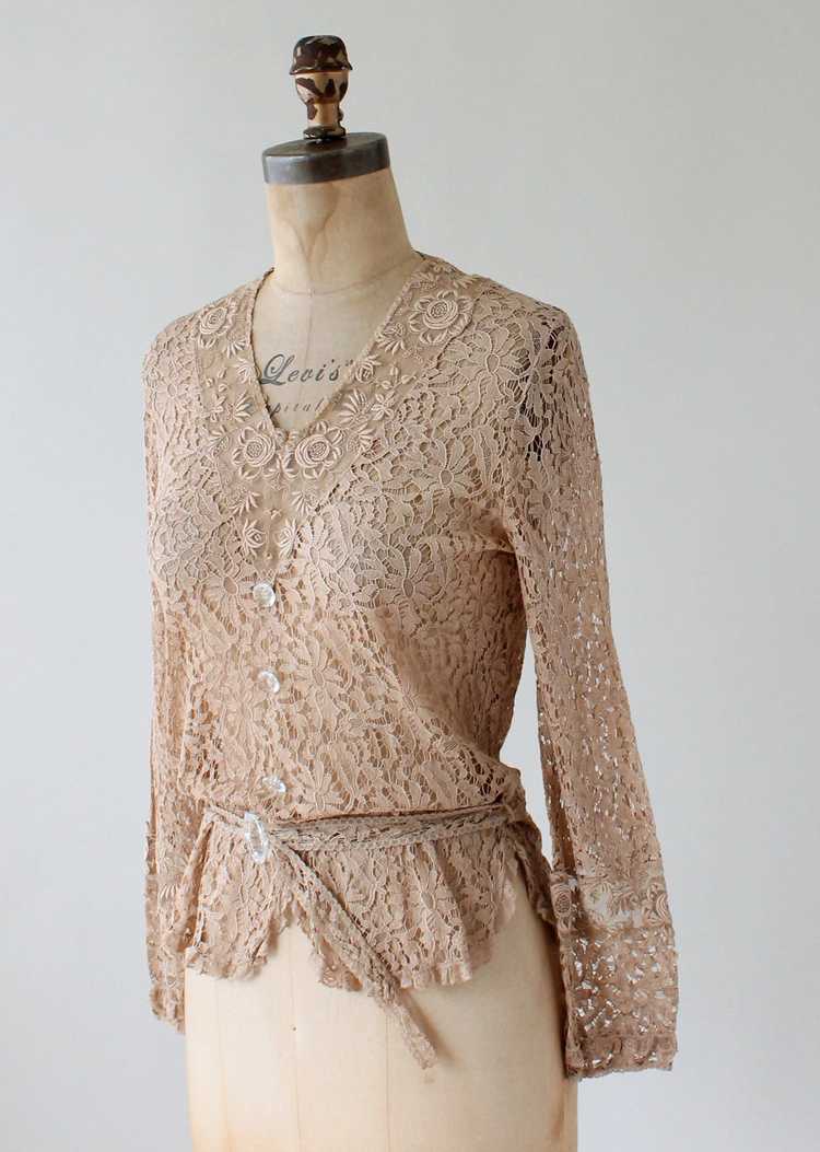 Vintage 1930s Nude Lace Blouse with Glass Buttons - image 5