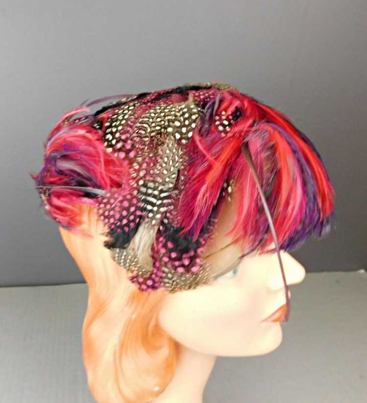 Vintage Dramatic Feather Hat Pink, Black & White,… - image 5