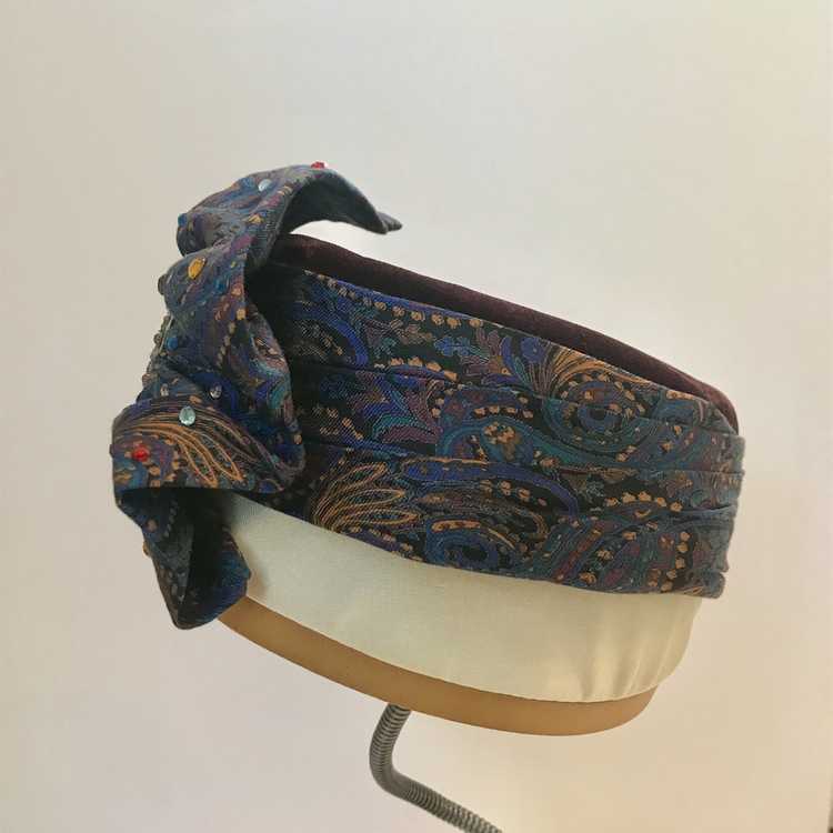 Paisley, Velvet & Rhinestone Turban Style Pillbox… - image 4