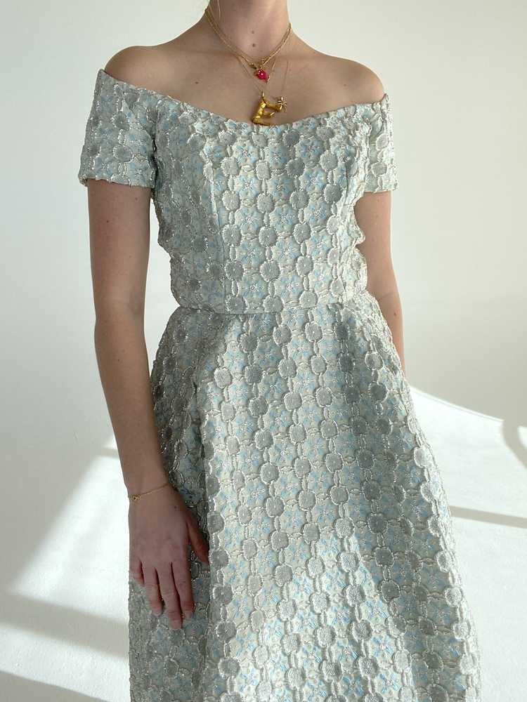 1960's Icy Blue and Silver Brocade Cocktail Dress - image 2